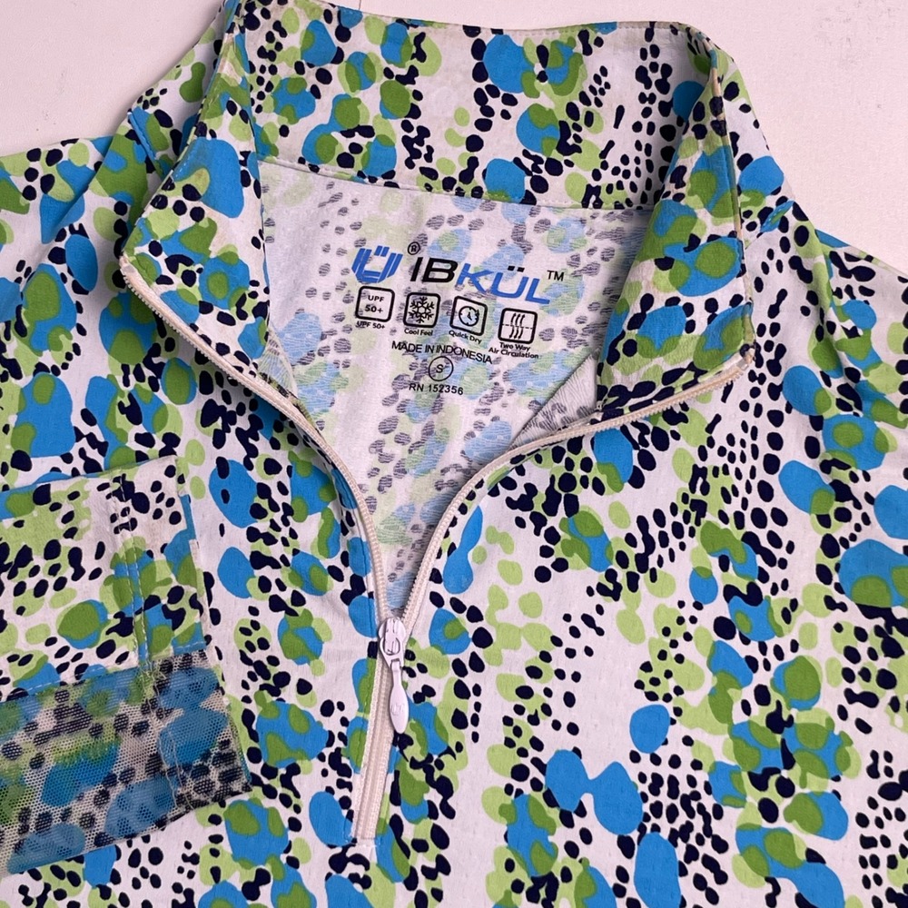 IBKUL Womens Small Blue Green Leopard UPF 50+ Quarter Zip Sun Shirt Mock Neck